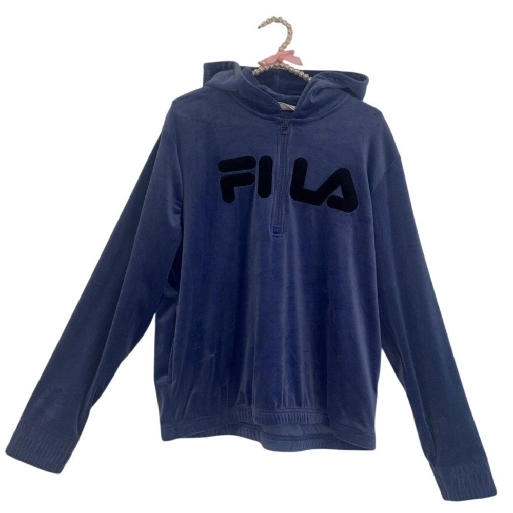 FILA Women Blue Velour Quarter Zip Hoodie Sweatshirt Large Logo Applique